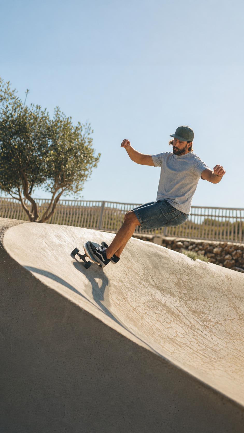 Surfskater carving on a ramp before transferring technique to the water
